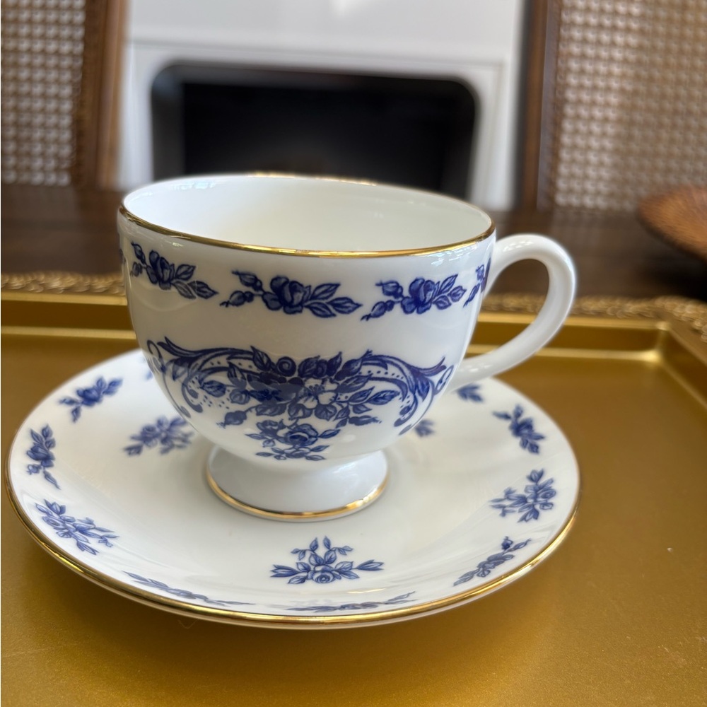 Vintage blue and white porcelain golden crown tea cup and saucer. England